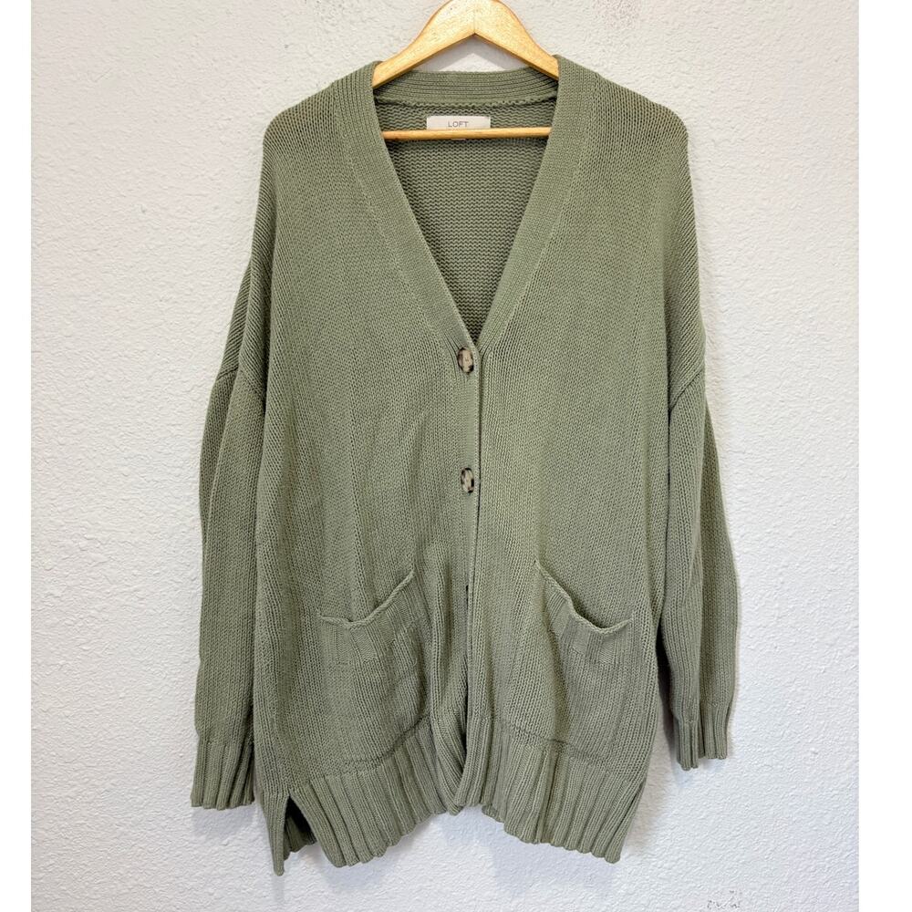 LOFT Green Cardigan Long Cotton Minimalist Preppy Oversized Cozy Work Career